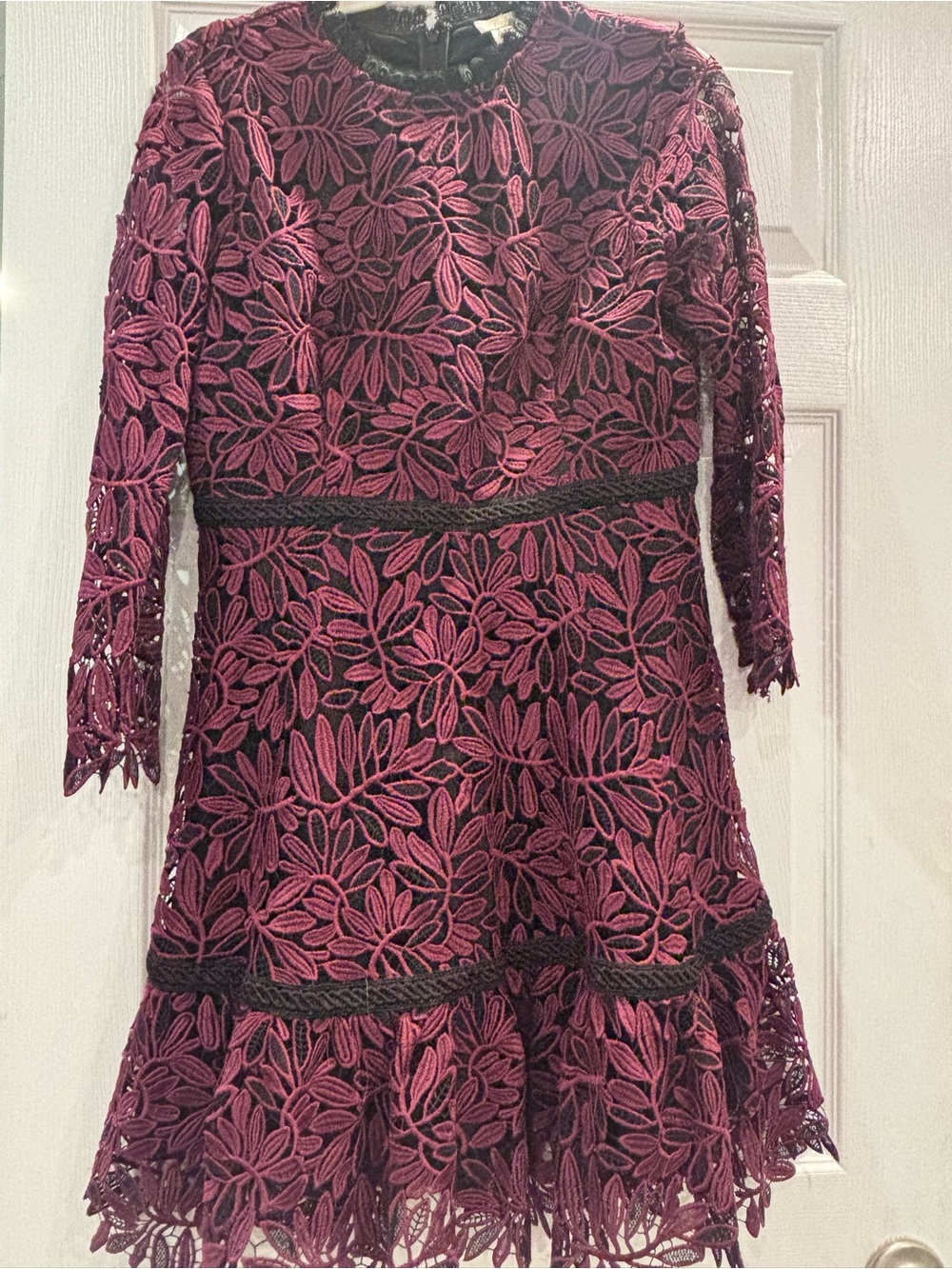 Women's Burgundy Lace Fit & Flare Dress with Black Accents
